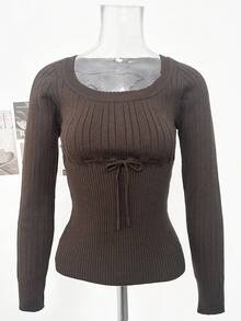 Autumn/Winter New Vintage Square Neck Tie-Front Slim Fit Knitted Top, Flattering Versatile Base Layer - Brown - View 7