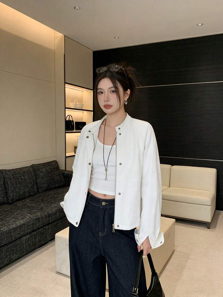 Korean Retro Denim Jacket Zip-Up Top, College Style, Home & Daily Wear, Spring & Autumn - White - View 1