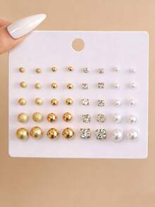1套20對時尚極簡風水鑽仿珍珠金屬球耳釘耳環套組，女款日常穿戴約會派對飾品 - 彩色 - 查看 5