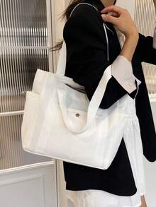 Large Capacity Canvas College Style Casual Tote Bag Shopping Bag Multifunctional Shoulder Bag Upgraded Canvas Bag - White - View 9
