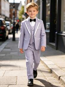 YOKLUN 4pcs Young Boys Suit Set Jacket + Vest + Pants + Bow Tie, Formal Party Holiday Outfit, Little Host Performance Costume, Gentleman Style - Blue - View 2
