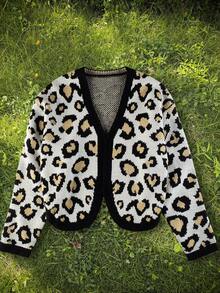 Spring/Autumn New Leopard Print Colorblock V-Neck Cardigan, Women's Casual Loose Short Knit Sweater Jacket - Multicolor - View 1