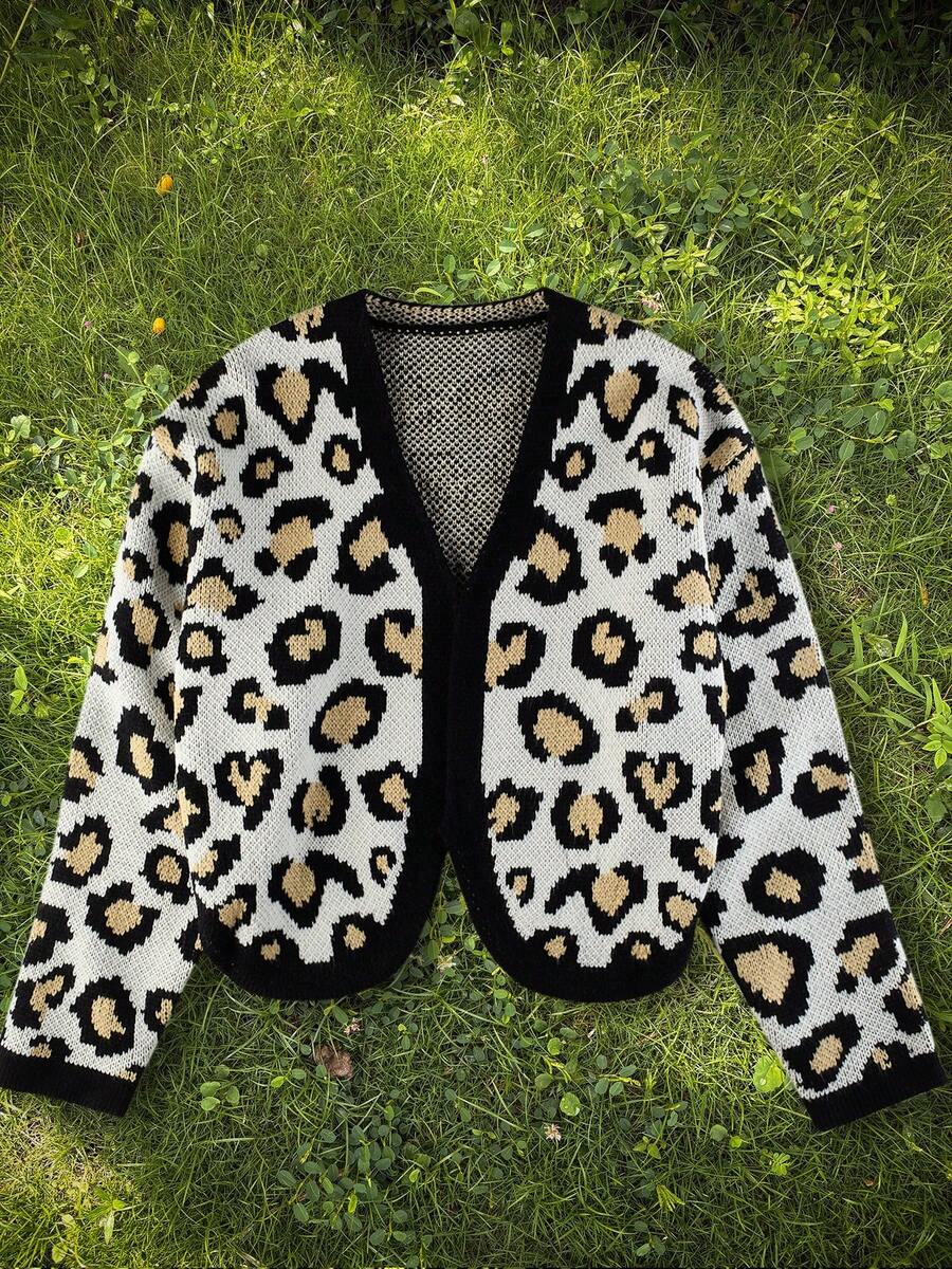 Spring/Autumn New Leopard Print Colorblock V-Neck Cardigan, Women's Casual Loose Short Knit Sweater Jacket - Multicolor - View 1