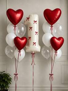 23pcs Red Bow Balloons Set, Includes 32-Inch 0-9 Cream White Number Foil Balloons, With Ribbon Bow Decorations. Perfect For Birthday Party Decor, Couples Anniversary And Valentine's Day Celebration. Romantic Party Decorations. - Red - View 6