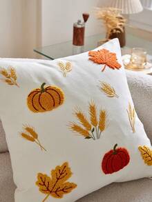 1pc Thanksgiving Maple Leaf Pumpkin Wheat 3D Embroidered Cushion Cover, Full Polyester Faux Linen Fabric, Universal Indoor/Outdoor Throw Pillow Cover, Suitable For Home Sofa Decorative Pillow Cover, Ideal Choice For Bedroom Bed, Chair, Car Matching, No Insert Included - Beige - View 6