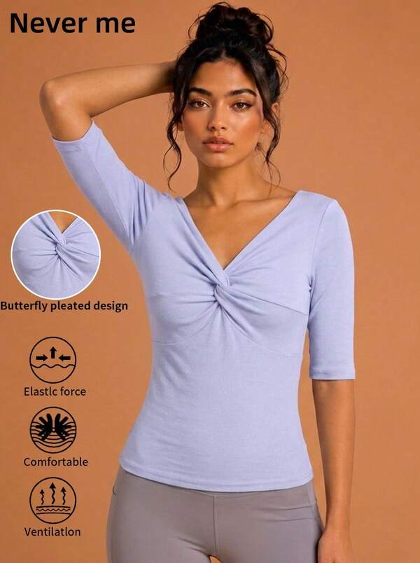 Never me Women's Light Purple V-Neck Twist Front 5-Sleeve Slim Fit Waist-Cinching Mid-Sleeve Yoga Fitness Tight Base Layer T-Shirt