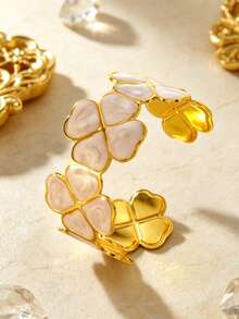 1 buah Gelang Bangle Terbuka Stainless Steel Enamel Desain Daun Semanggi Empat Daun Minimalis untuk Wanita, Cocok untuk Liburan, Kencan, atau Sebagai Hadiah Liburan untuk Teman - Yellow Gold - View 9