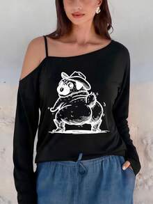 Women'S Fun Dog Print Asymmetrical Cold Shoulder Long Sleeve Tee Casual  Sling Shoulder Top Comfortable Versatile Daily Wear Shirt - Black - View 8