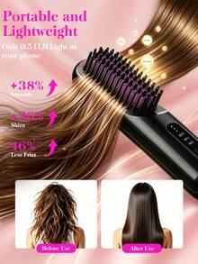 HYUNDAI Multi-Functional 2-In-1 Straightening & Curling Hair Brush, Rechargeable Portable Straightening Brush, Lightweight And Compact, With 3 Adjustable Heat Settings For Perfect Hairstyles Anytime-Ideal For Travel, Home, Hotels, Dorms, And More. - Black - View 3
