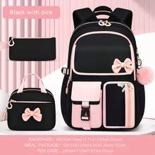 3pcs Colorblock Bow Decor With Plush Ball Pendant Large Capacity Backpack Set, Campus Style - Sets - View 7