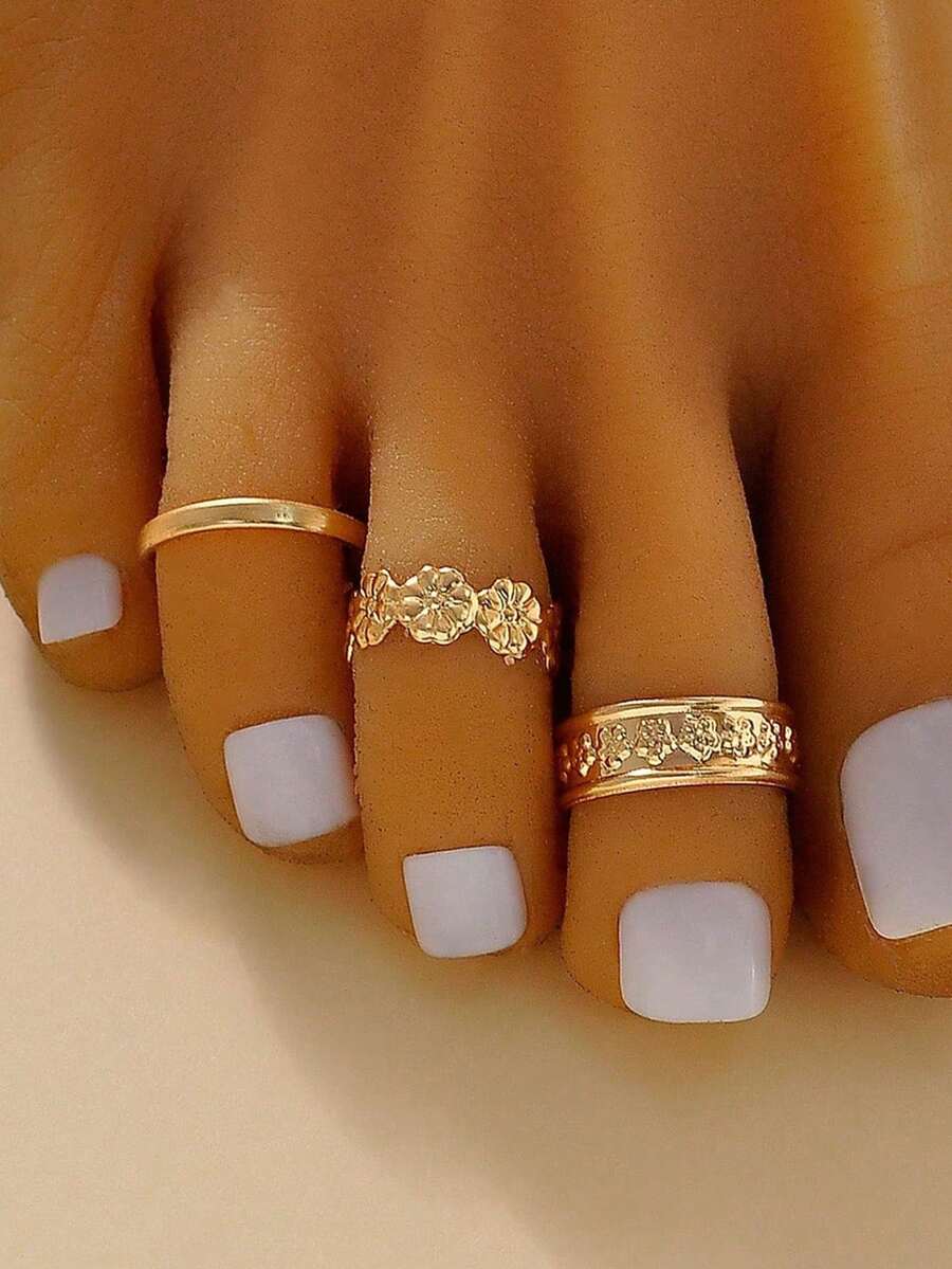 Juego de 3 anillos para dedo del pie con diseño floral geométrico y apertura, versátil para uso diario y desplazamientos - Dorado - Ver 1