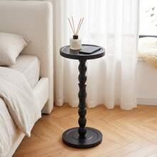 LOVEWE Solid Wood Retro Round Side Table, Floor-Standing Small Drinking Table, Tray Tabletop Side Table, Frosted Finish Surface, Wooden Color Tone - Black - View 2