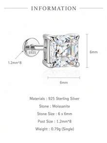 AnlaScheer 1pc Silver Tone 925 Sterling Silver Classic 1ct Square Moissanite Jewelry, Hypoallergenic Accessory, Suitable For Women's Daily, Party, Wedding - Silver - View 13