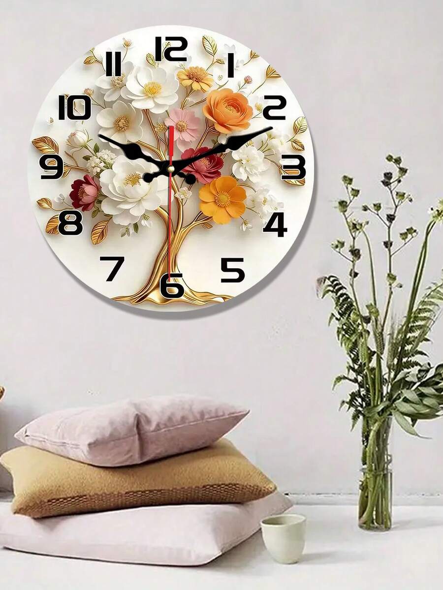 2D Flat. 1pc. Golden Floral Tree Themed Wooden Wall Clock, Silent Decorative Clock, Creative Wall Clock, Suitable For Decorating Bedrooms, Living Rooms, And Offices, Available In 10/12 Inches (Batteries Not Included) - Multicolor - View 1