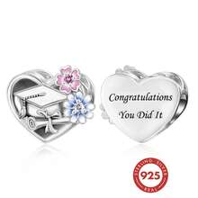 1件 S925 純銀畢業愛心吊墜，學士帽與花朵環氧樹脂鋯石刻字「Congratulations」紀念 DIY 手鍊掛件 - 銀色 - 查看 2