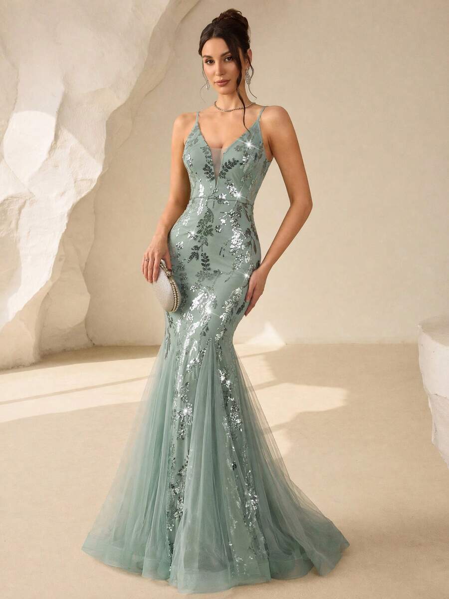 XUCTHHC Sexy V-Neck Spaghetti Strap Sequin Contrast Mesh Mermaid Hem Party Dress, Elegant Evening Gown. Fall Wedding - Mint Green - View 1