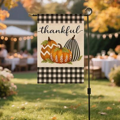 1pc Thanksgiving Black & White Plaid Pumpkin Thankful Garden Flag - Double-Sided Waterproof Linen, 11.8x17.7 Inches - Outdoor Autumn Decoration, Outdoor Decor (Flag Pole Not Included)