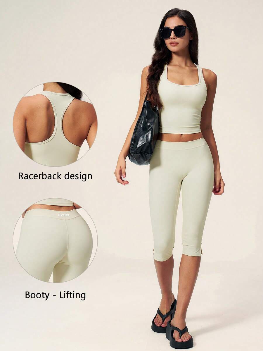 TimeOff Women's One Set Solid Color U-Neck Square Neck Racerback Tank Top And Side Slit Mid-Length Shorts Sports Outfit - Yellow - View 1