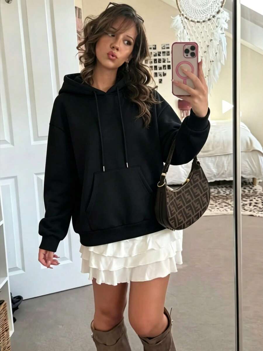 1-Piece Women's Hoodie: Cotton-Polyester Blend, Exquisite Print, Suitable For Outdoor Use In Autumn & Winter Commuting - 黑色 - 查看 1