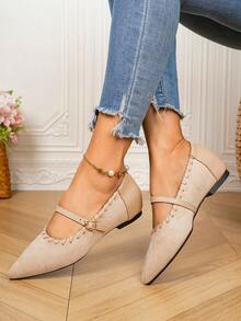 2026 New French Style Pointed Toe Flat Mary Jane Shoes For Women, Low Vamp, Elegant Fashionable For Outwear, Pairs Well With Skirts - Beige - View 2