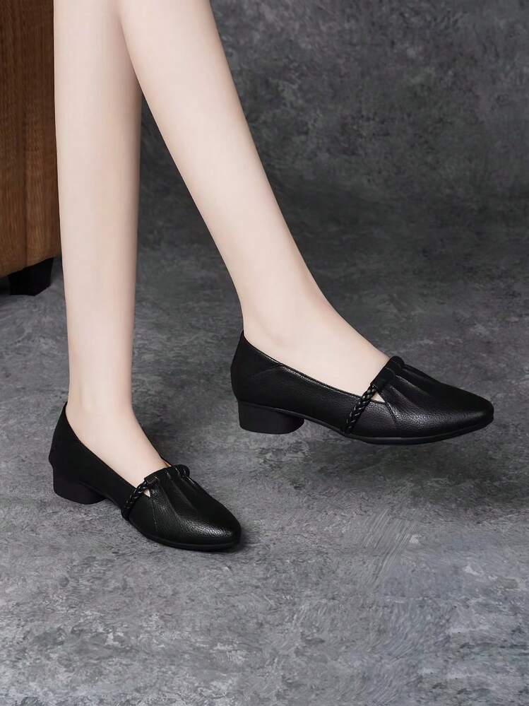 Women's Solid Color Chunky Heel Shoes, Fashion Pleated Pointed Toe High Heels, Fashion Woven Strap High Heels, Commuter Women's Shoes, Formal Work Shoes, Cheongsam Pumps - Black - View 6