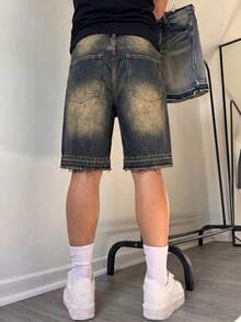膝長寬鬆毛邊寬腿牛仔短褲，夏季Y2K中長款寬腿牛仔短褲，休閒街頭風，寬鬆版型，百搭棉質斜口袋牛仔短褲，休閒夏季牛仔褲，街頭穿搭 - 黃色 - 查看 3