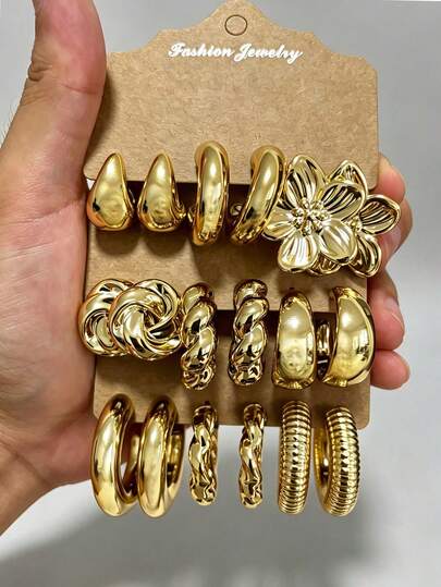 Conjunto de 9 pares de brincos vintage grossos dourados, brincos CCB de moda nova, um conjunto de 9 pares para todos os looks