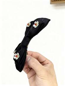 Black Small Floral Bow Ponytail Clip With Pearl Phoenix Tail Vine Flower Mesh Bow Hair Clip For Girls, Simple Elegant Hair Accessory - Black Bow With Small Flowers - View 6