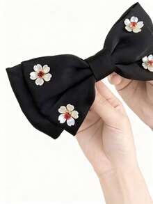 Black Small Floral Bow Ponytail Clip With Pearl Phoenix Tail Vine Flower Mesh Bow Hair Clip For Girls, Simple Elegant Hair Accessory - Black Bow With Small Flowers - View 7