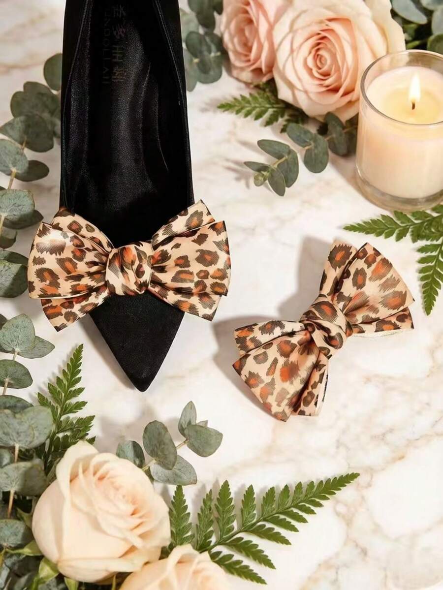 1 par de accesorios de decoración para zapatos con lazo y flor de satén con estampado de leopardo, estilo popular europeo y americano, versátil, desmontable para mujer/Solo accesorios para zapatos, zapatos no incluidos - Color estampado de leopardo - Ver 1