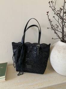 Lace Niche Design Fresh Literary Style Handbag, Bowknot Decoration, Large Capacity, Suitable For Vacation, Beach, Commute, Daily Matching - Black - View 8