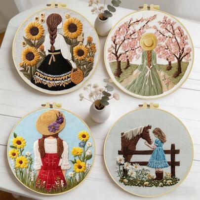 Embroidery Set. 15x15cm/5.9in Or 20x20cm/7.9in. Rural Girl With Female Back Theme. Includes 2 Needles, Threads, Pre-Printed Fabric, Hoop & Manual. For Beginners. Perfect Gift For Family/Friends. Easy DIY Art For Home/Office Wall Decor.