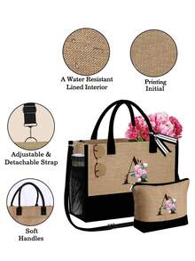 Women's Beach Tote Bag With Shoulder Strap, Pink Peony Flower A-Z Letter Print Tote Bag, Comes With Shoulder Strap And Makeup Bag; Vacation Beach Commute Shopping Bag, Gift Bag With Side Pockets, Large Capacity Handbag, Can Hold Books, Cosmetics, Parasol, Suitable For Daily Commute, Travel, Picnic, Camping, Students, Large Capacity Laptop Tote Bag, Student Commute Canvas Bag, Back To School Gift, Teacher's Day Gift - Multicolor - View 6