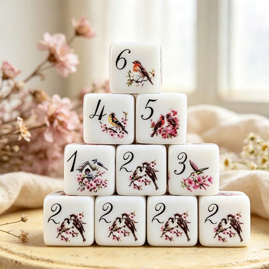 6pcs Floral & Bird Pattern D6 Dice, 2 Styles: Optional Vibrant Watercolor Birds Or Blue & White Sparrow Print, White Acrylic Six-Sided Dice, Tabletop RPG Dice, Suitable For Game Night And Dice Collectors - Multicolor - View 1