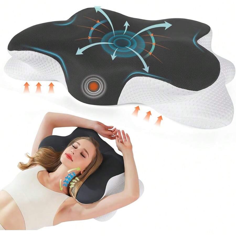 Ergonomic Butterfly Memory Foam Pillow, Removable Cover, Neck Shoulder Support, 3D Mesh Breathable Side Design, Comfort Sleep Cushion For Home Bedroom & Travel Use - Black and White - View 1