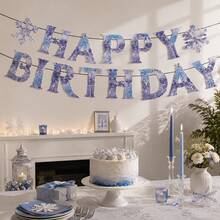 15Pcs Happy Birthday Banner, Purple Ice & Snowflake Themed Paper Garland, Frozen Inspired Party Decor For Indoor & Outdoor Celebrations, Winter Themed Events & Photo Booth Backdrops - View 3