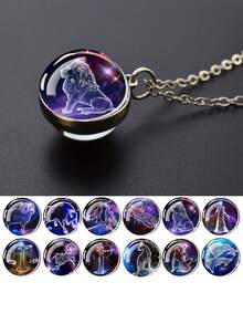 1pc 12 Zodiac Constellation Necklace, Starry Night Glow Glass Ball Pendant Necklace, Suitable For Men And Women, Birthday Gift - Silver - View 1