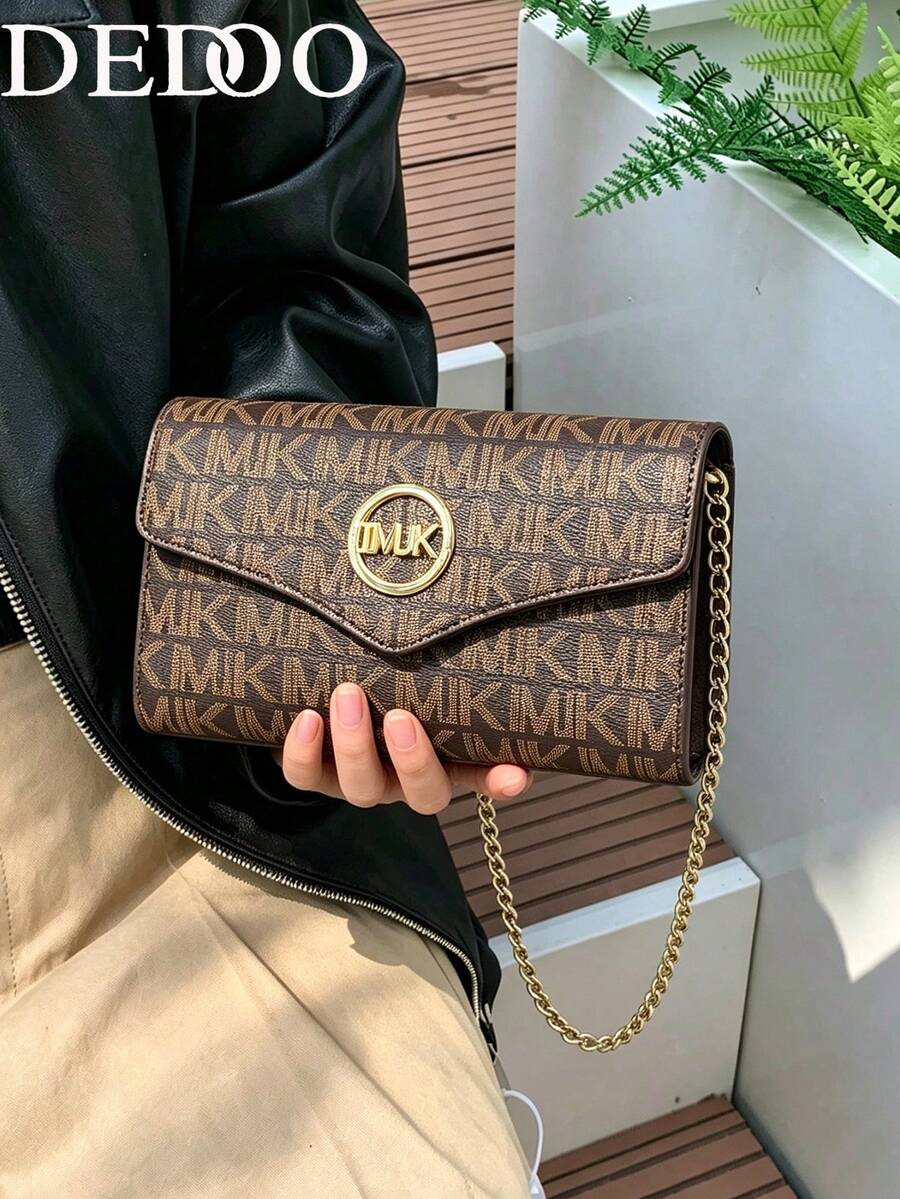 Dedoo 雙色字母印花休閒單肩包，信封包，鏈條單肩包，斜挎包，女款時尚百搭款