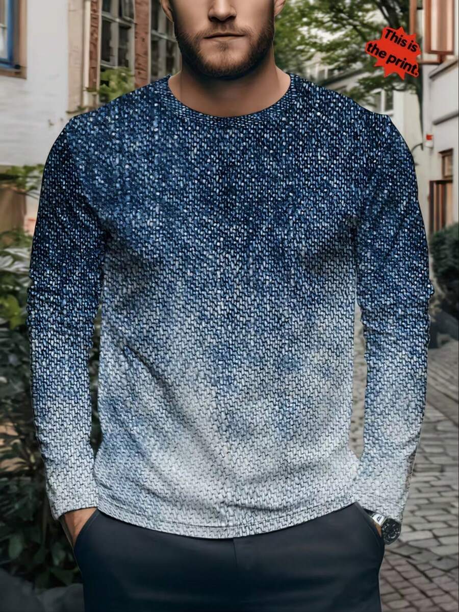 Men's Crew Neck Long Sleeve T-Shirt, Fashion Gradient Color Casual Top, Young Handsome Versatile Basic Layer, New Autumn Style - Multicolor - View 1