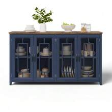 This 160cm Wide Kitchen Sideboard Features Glass Doors, A Large Storage Compartment, A Wood-Effect Worktop, And An Anti-Tip System. This Modern Sideboard Is Suitable For Kitchens, Dining Rooms, And Living Rooms. - Blue - View 1