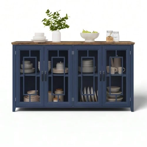 This 160cm Wide Kitchen Sideboard Features Glass Doors, A Large Storage Compartment, A Wood-Effect Worktop, And An Anti-Tip System. This Modern Sideboard Is Suitable For Kitchens, Dining Rooms, And Living Rooms. - Blue - View 1