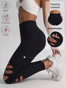 Distressed Long Pants, Tight Yoga Pants, Waist Shaping And Hip Lifting - Black - View 2