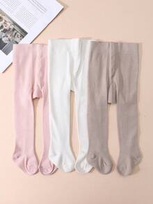 3 Pairs Simple Versatile Solid Color Plain Tights For Baby Girls, Suitable For 0-8 Years Old Daily Wear - Multicolor - View 3