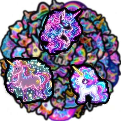 50 PCS Neon Unicorn Stickers, Waterproof Vinyl Decals For Water Bottles, Laptops, Skateboards, Phone Cases, Notebooks, Water Bottles, DIY Crafts, Decorative Stickers For Teens, Adults, Dorm Rooms, Bedroom Walls, Party Favors, Aesthetic Neon Unicorn