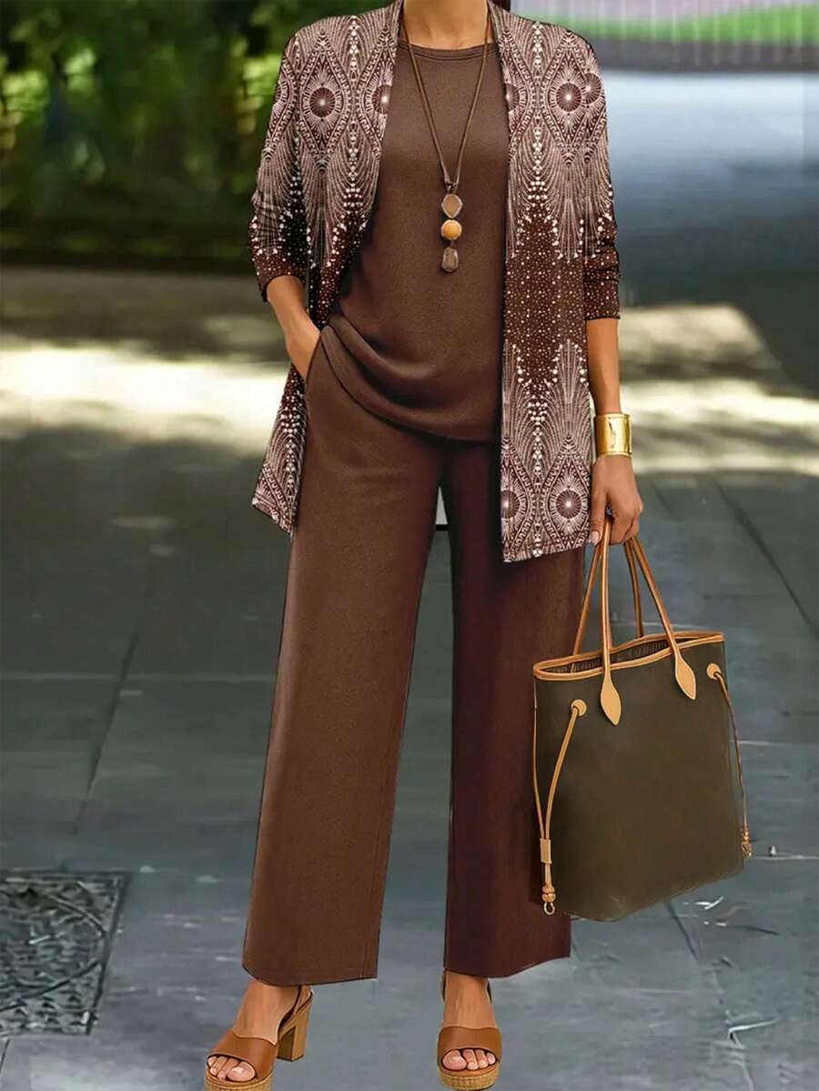 Plus Size Women's Fashionable Printed Elegant 3 Pieces Set Spring Summer Brown - Brown - View 1