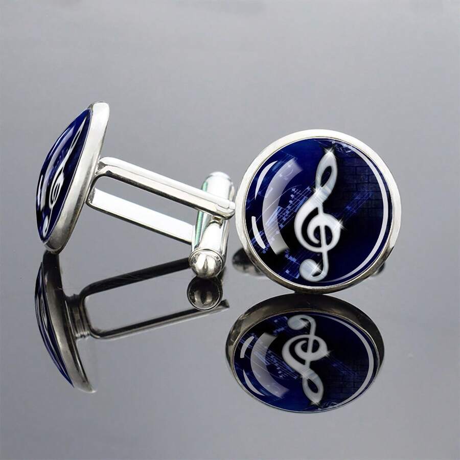 1 Pair Music Note Glass Dome Cufflinks Fashionable And Exquisite Men's Dress Shirt Cuff Links Musician Band Teacher Formal Suit Accessories Gift - Silver - View 1