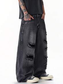 Justice Brother 1pc American Street Style Personalized Men's Distressed Denim Jeans Fashion All Season Wide Leg Long Pants (Belt Not Included/Accessories Not Included) - Grey - View 4