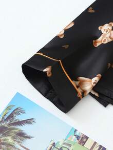 Women's Heart Bear Print Satin Long Sleeve Pants Pajama Set - Black - View 4