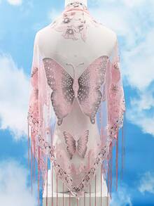 Butterfly Ruined Flower Triangular Scarf Tassel Lace Small Shawl Spring Summer Autumn Winter All-Season Versatile Small Cape Semi-Transparent Printed - Multicolor - View 8