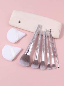 9pcs Makeup Brush Set With Makeup Sponges + PU Storage Bag, Compact All-In-One Daily Face And Eye Makeup Application Tools - Silver - View 6